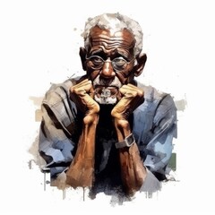 Black old man in thinking and doubts watercolor illustration. Male character with dreamy face on abstract background. Ai generated watercolor poster.