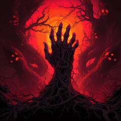 Monster hand with claws. Zombie hand coming out of the ground. Zombie hands. Hand in the forest with scary spooky trees. Neon light. Horror Night scene. Halloween concept. Isolated on black