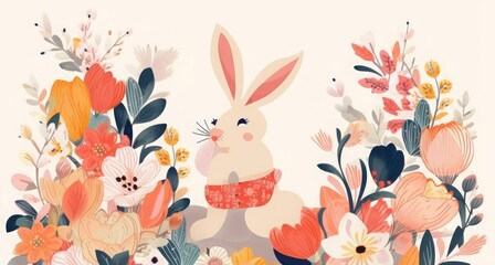 Obraz na płótnie Canvas Beautiful spring illustration with bunny, flowers, floral bouquets, flower compositions, Generative AI
