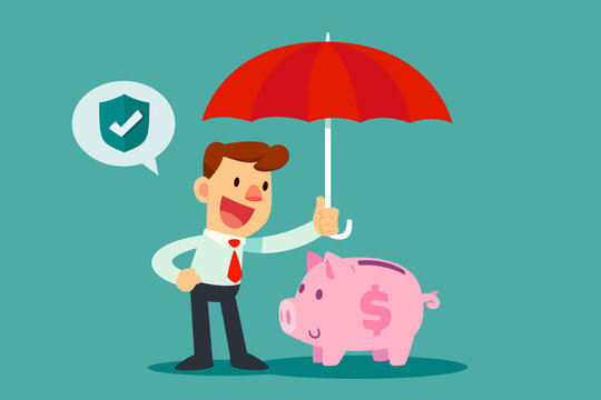 businessman holding umbrella for his piggy bank