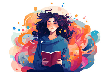 A young girl reads a book passionately. Around her, shapes and colors float, representing imagination and passion.