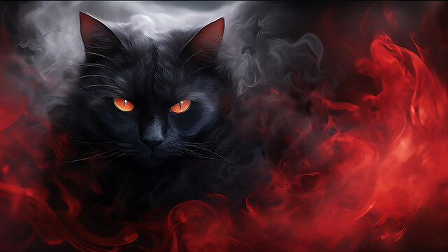 In a striking display of red smoke, the black cat exudes a sense of mystique and allure, captivating with its enigmatic presence.
