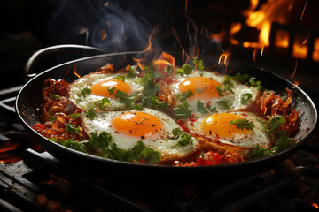 Delicious fried eggs with vegetables in a frying pan cooked on fire with smoke, tasty and healthy food for breakfast and lunch