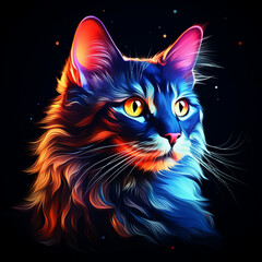 Colorful portrait of a beautiful cat on a black background. Vector illustration.Generative AI