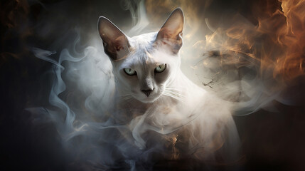 The Oriental cat captivates in a graceful white-grey smoke, flaunting its sleek body and expressive eyes with an air of sophistication.