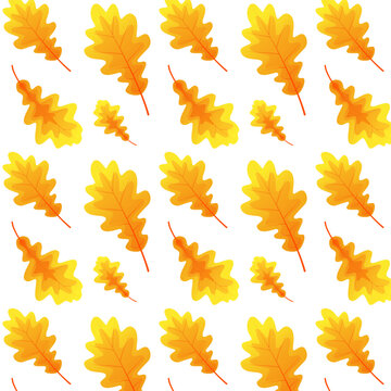 Pattern of autumn leaves. Yellow oak leaves. Autumn background for printing on fabric, textile, paper, wallpaper. Plant elements for design of greeting cards. Gradient. Vector illustration