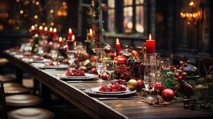 christmas table with candles in restaurant, christmas eve.generative ai