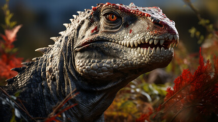 close up of dinosaur in the forest.generative ai