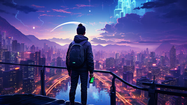 Fototapeta Young generation wearing VR Headset immerse in game simulator-metaverse and fantasy world, futuristic technology abstract shape