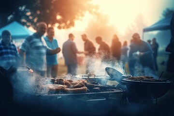 Group of friends having party outdoors. Focus on barbecue grill with food - obrazy, fototapety, plakaty