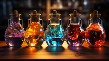 Obraz na płótnie Canvas Glass flasks with colorful liquid. Generative Ai