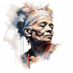 Black old woman in thinking and doubts watercolor illustration. Female character with dreamy face on abstract background. Ai generated watercolor poster.
