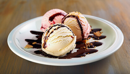 delicious ice cream on plate on table close-up