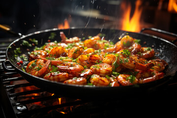 Shrimp fried in a frying pan with lemon, pepper, onion and parsley, cooking seafood with vegetables on fire with smoke