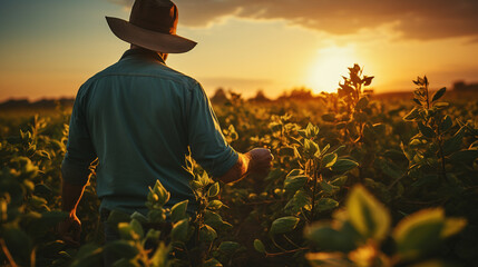 Senior Farmer's Sunset Inspection of Soybean Field. Generative Ai - obrazy, fototapety, plakaty