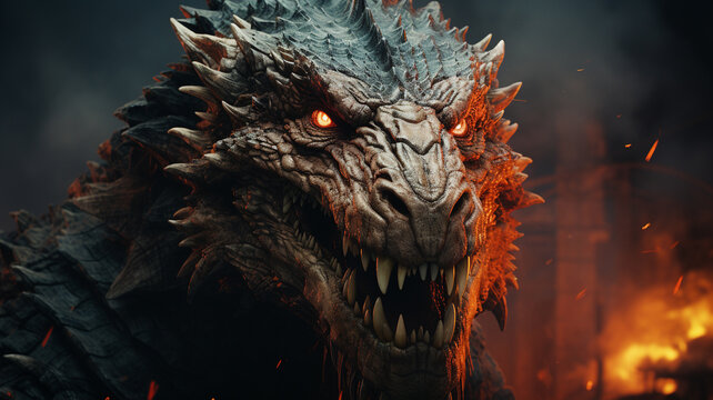 close - up view of the face of a dragon with a glowing background..generative ai