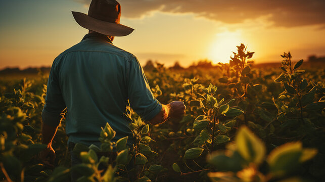 Senior Farmer's Sunset Inspection of Soybean Field. Generative Ai