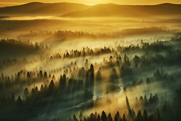 Aerial top view of Sun streaming through dawn mist over forest
