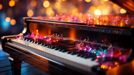 Bokeh background enhances piano keys. Generative Ai