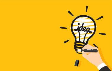 Doodle hand-drawn light bulb icon and black pen marker. Concept of the idea. Vector illustration Flat design for banner, poster, wallpaper, and background. 