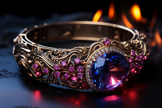 Magic ring made of precious metal with a large gemstone close-up