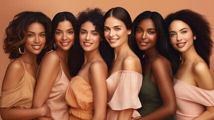 Group of beautiful women smiling and looking at camera, Portrait of different nation women with diverse type on skin, Happy different ethnicity models standing together, Beauty concept, AI Generated