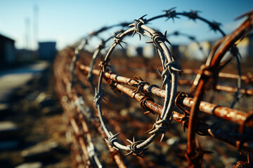 Barbed wire swirls on prison fence, representing restrictions. Generative AI