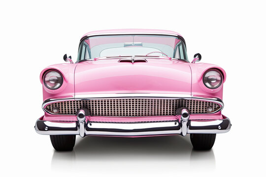 Vehiculo retro rosa descapotable, sobre fondo blanco. Ilustracion de ia generativa