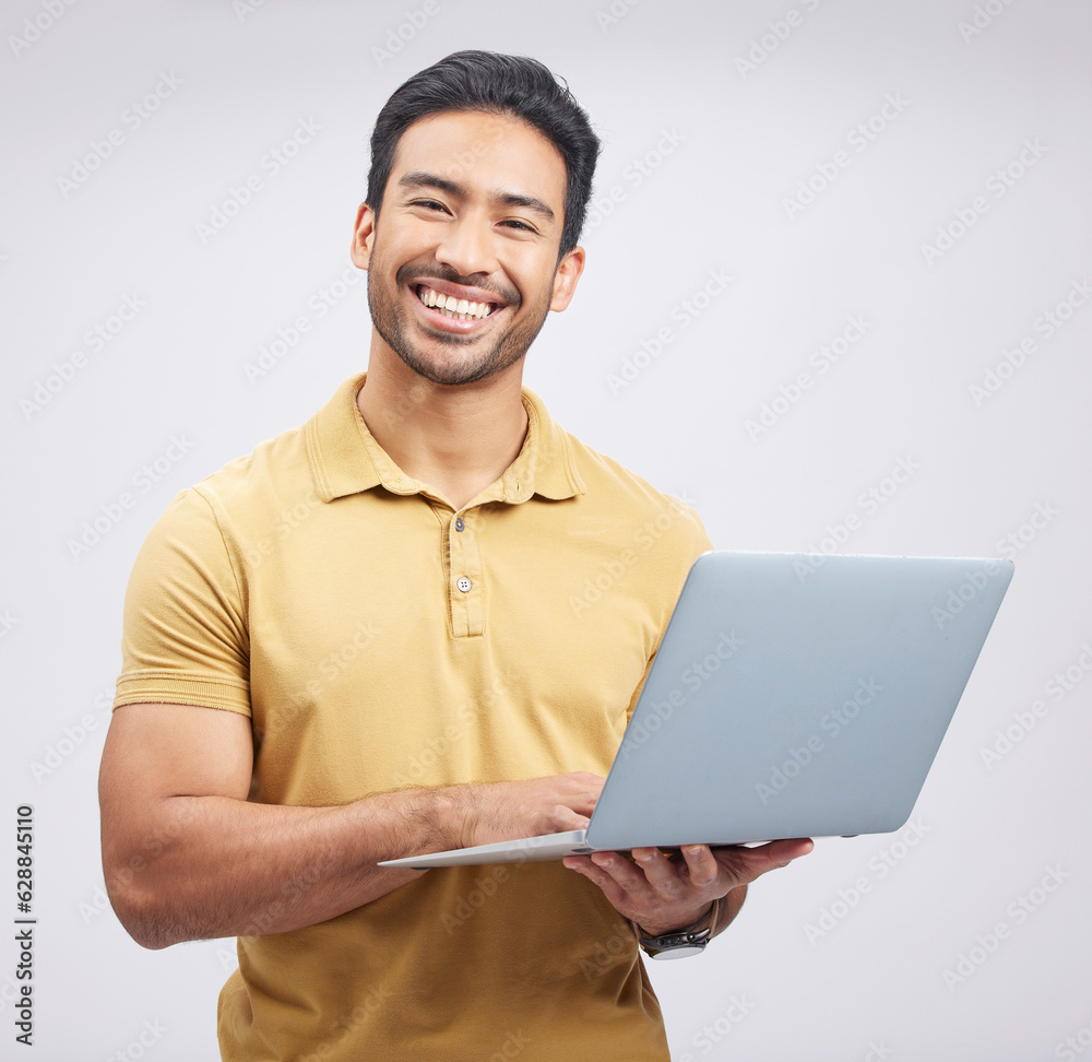 Aufkleber portrait, smile and man with laptop, network and internet connection on a white studio background. m