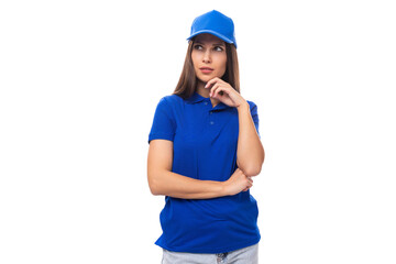 young woman promoter in blue t-shirt and cap with print space