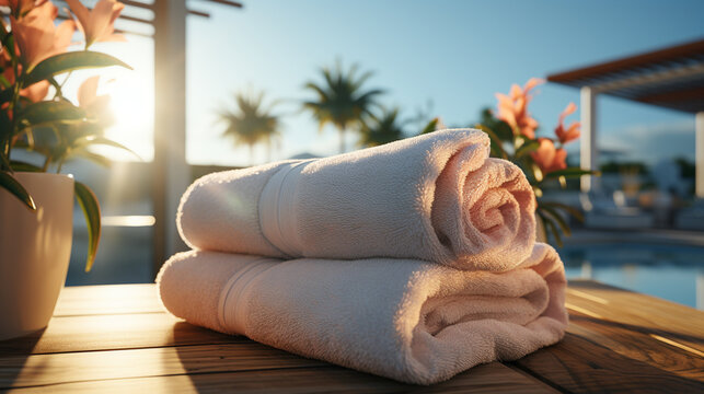 Bed hotel towel luxury room fresh resort service. Generative Ai