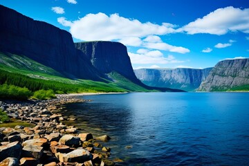 Discovering the Beauty of Gros Morne National Park: A Landscape of Mountains, Lakes, and Serene Waters: Generative AI - obrazy, fototapety, plakaty