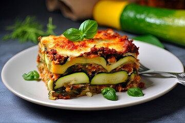 Healthy Courgette Lasagna Bolognese. Baking dish dinner with cheese. Delicious Vegetarian Food Option: Generative AI