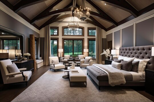 Luxury Master Bedroom In Modern Home With Vaulted Ceiling, Wood Beams, And Chandelier - Furnished Interior Design: Generative AI