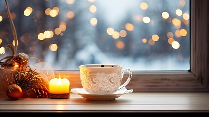 cup with warm drink on windowsill