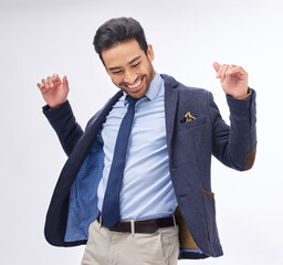 Business man, dancing and smile in studio with success, celebration and thinking with fashion by white background. Entrepreneur, dancer and happy for goals, winning and vintage suit for motivation