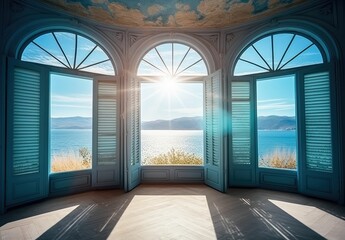 View from an open window with blue shutters of the Aegean sea, caldera, coastline