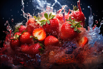 Ripe juicy tasty strawberry with juice splash on black background