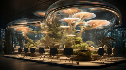 Mysterious rooms with futuristic mushroom décor. Generative AI