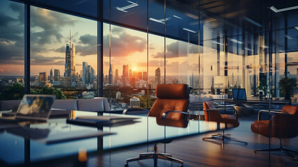 Interior of a beautiful modern office building with view of the metropolis. Generative AI