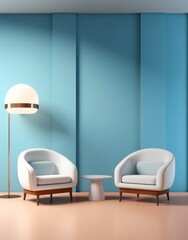 Lounge area with chairs and sofa, couch minimalist style, concept with calm colors and round architecture. 3d render