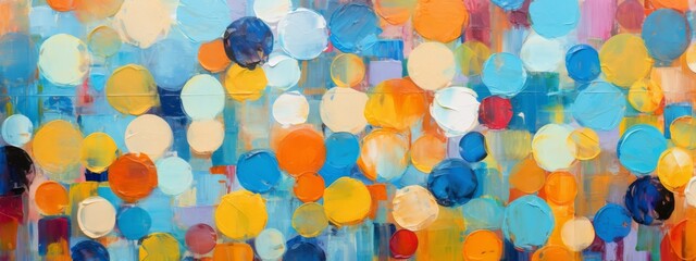 Closeup of abstract rough colorful multicolored geometric circular circles points art painting texture 3d pattern wallpaper, with oil brushstroke, pallet knife paint on canvas (Generative Ai)