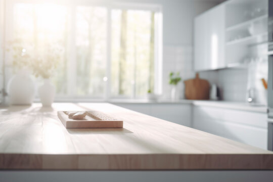 Beautiful empty white wooden table top with the background blurred defocused of a white modern kitchen interior with daylight flare and product montage display. Generative AI