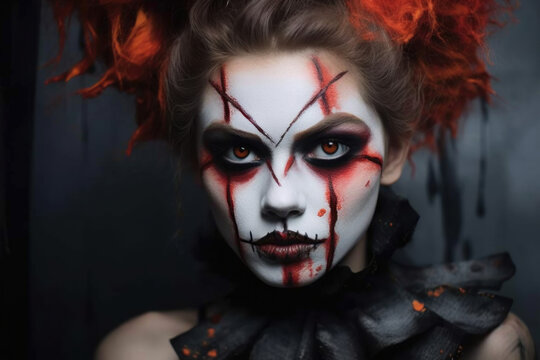 Woman with scary makeup for Halloween. Close up shot. Creative face art, carnival and fashion concept