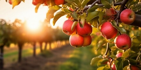 Fruit farm with apple trees. Branch with natural apples on blurred background of apple orchard in golden hour. Concept organic, local, season fruits and harvesting. Generative AI technology.