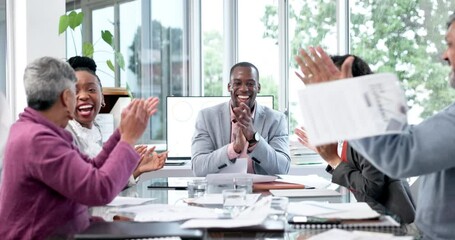 Office, celebration and business people with paper throw for success, milestone or achievement. Growth, winning and happy team celebrating sale, deal or startup mission, goal or kpi target profit