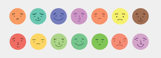 Abstract smile face icons. Cartoon round emoji avatars. Emoticon character set. Funny doodle isolated vector elements. Sad, angry, exhausted, shocked, confused faces.