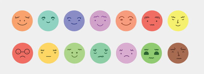 Abstract smile face icons. Cartoon round emoji avatars. Emoticon character set. Funny doodle isolated vector elements. Sad, angry, exhausted, shocked, confused faces.