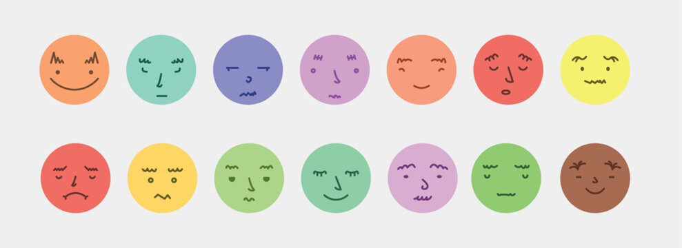 Abstract smile face icons. Cartoon round emoji avatars. Emoticon character set. Funny doodle isolated vector elements. Sad, angry, exhausted, shocked, confused faces.
