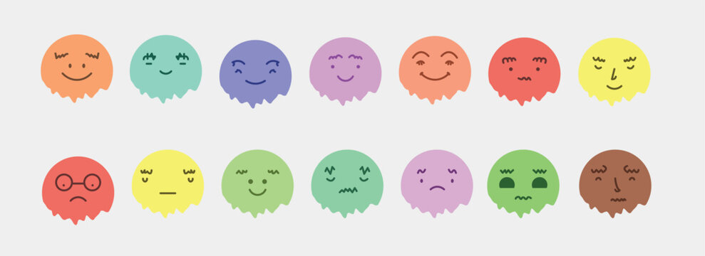 Abstract smile face icons. Cartoon round emoji avatars. Emoticon character set. Funny doodle isolated vector elements. Sad, angry, exhausted, shocked, confused faces.